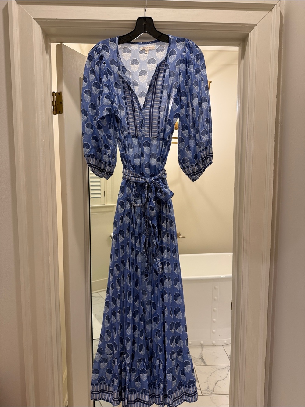 Marea Blue Printed V-Neck Maxi Dress with Tie Belt